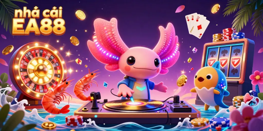 Experience exciting gaming action at nhà cái EA88 with fun characters, gold coins, and vibrant casino elements in a captivating 3D scene.