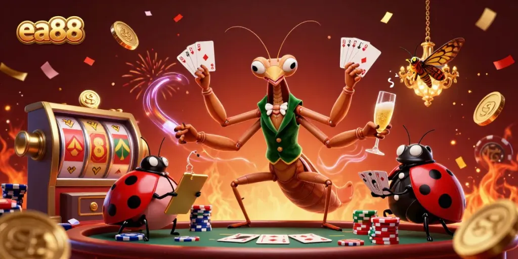 Experience the thrill of ea88 with our dynamic casino scene featuring a giant praying mantis and ladybug characters.