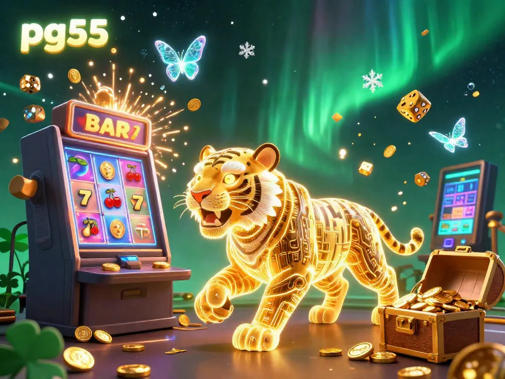 Experience the thrill of pg55 with a neon-wireframe tiger amidst vibrant casino elements and a jackpot explosion.