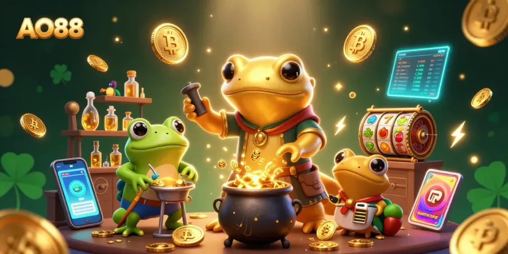 Win with AO88: A vibrant scene depicting a cartoon alchemist transforming metals into gold coins, surrounded by rich casino elements.