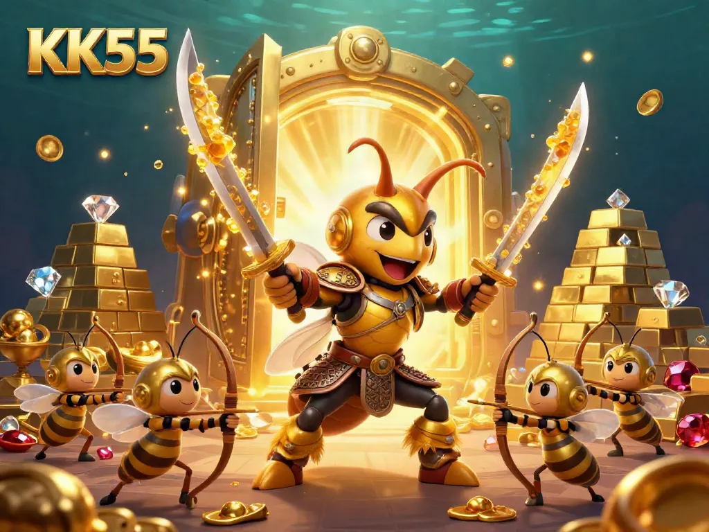 Engage with thrilling gameplay at KK55 online casino featuring vibrant golden hornet samurai and treasure.