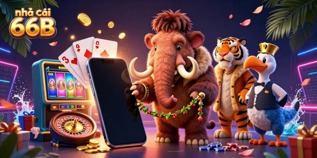 Engaging scene with nhà cái 66B mascot characters enjoying casino games and atmosphere, vibrant and rich detail.