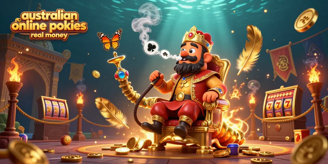Engage in thrilling spins of australian online pokies real money with dynamic 3D illustration featuring a magical caterpillar and casino elements.