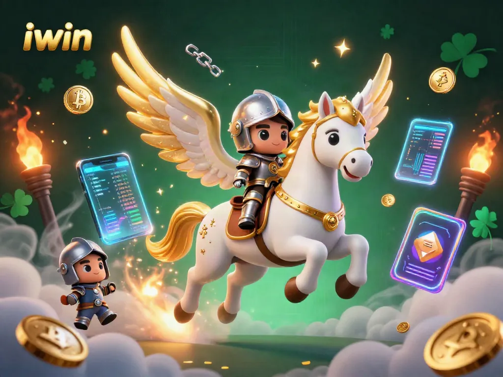 Engage with iwin's thrilling casino experience, featuring a celestial horse and knight amidst vibrant crypto elements.
