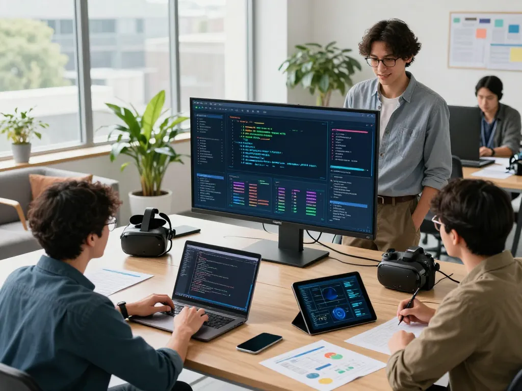 hbet project collaboration in a modern tech lab with displays and coding