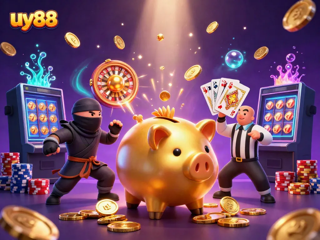 Engage with uy88's exhilarating online casino scene featuring a golden piggy bank sumo wrestler and a high-stakes gaming atmosphere.