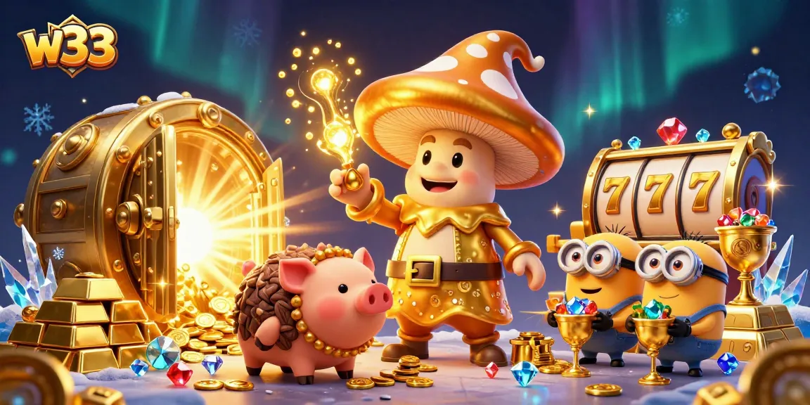 Spin the reels and win big at w33, illustrated with a whimsical scene filled with treasures and magic.