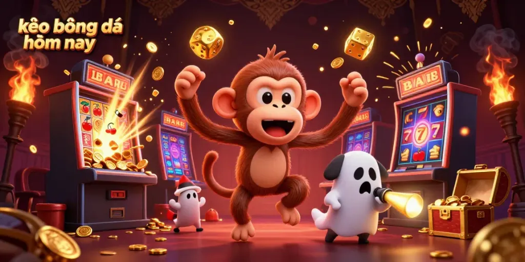 Experience kèo bóng đá hôm nay with a playful poltergeist monkey and a ghost-hunter puppy in a dynamic casino scene.