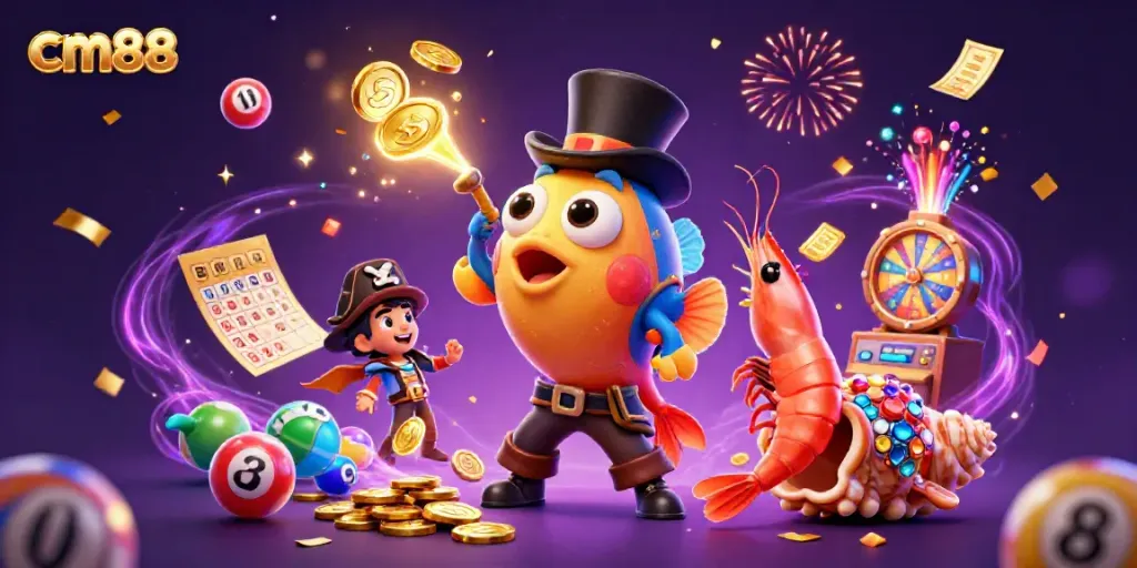 Engage in thrilling gameplay at cm88 with vibrant illustrations of lottery excitement and underwater treasures.
