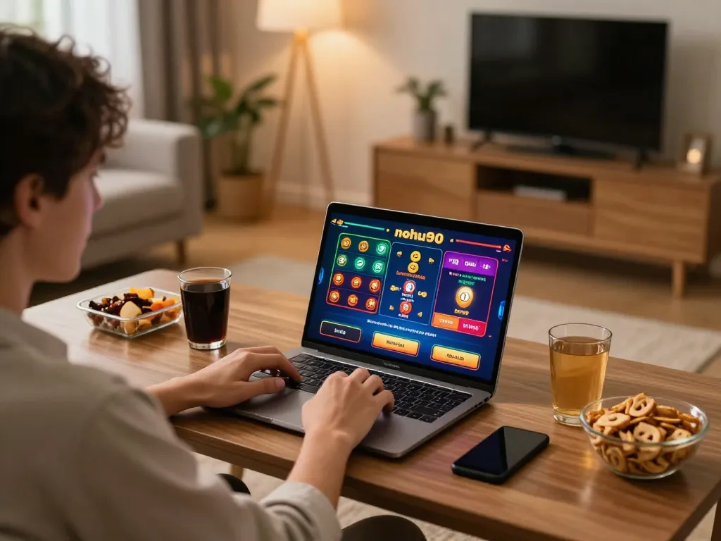 A player immersed in online gaming on nohu90, engaging with vibrant casino graphics and strategy notes.