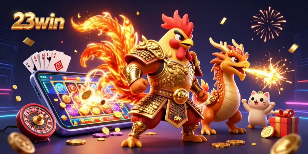 Experience thrilling gameplay with 23win as powerful characters celebrate winning with vibrant casino elements.