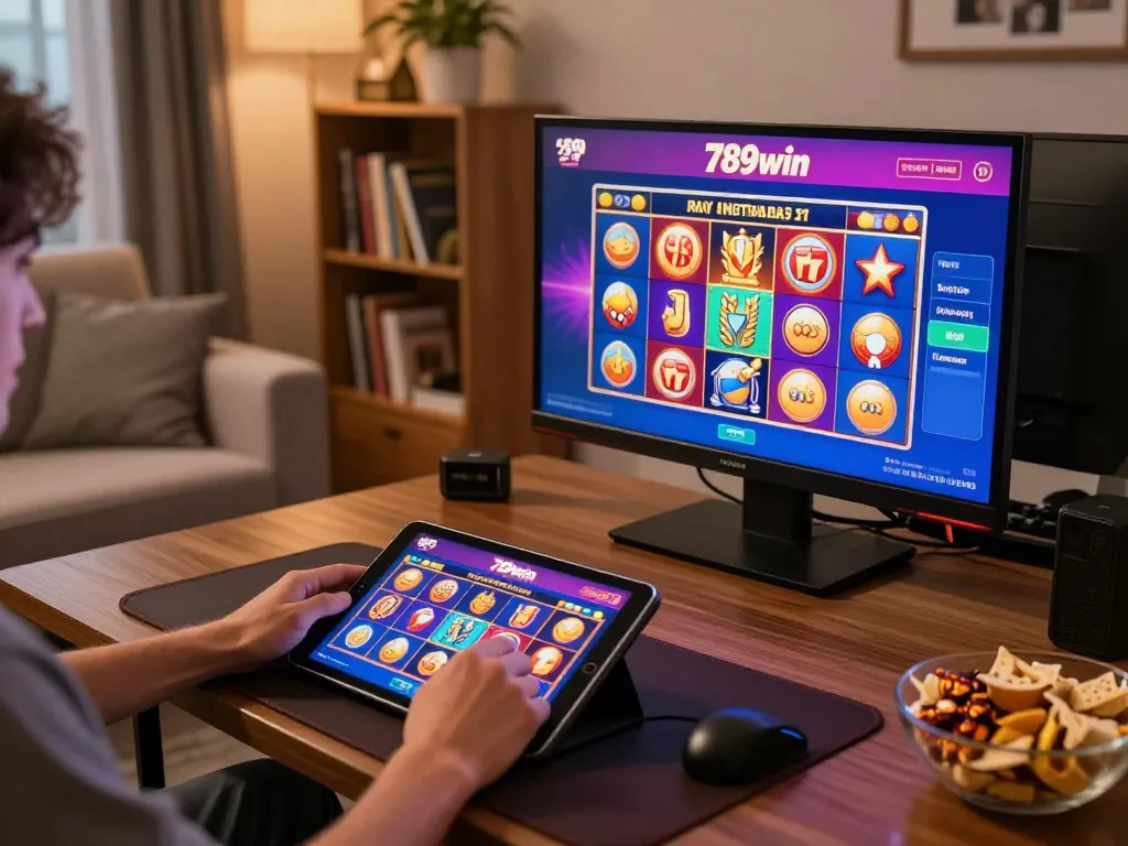 Engaged player spinning reels on the 789win online slot game from a cozy home setting