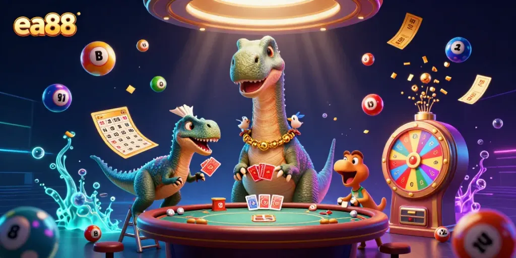 ea88 casino scene with a brontosaurus and clever raptor in vibrant action