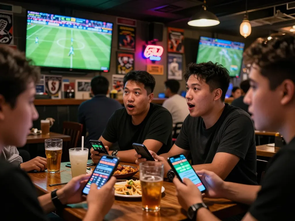 Bóng đá Bet168 betting excitement with individuals engaging in live betting strategies at a sports bar.