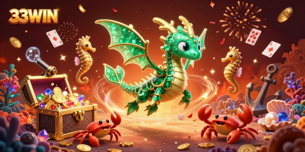 Experience vibrant gameplay with 33WIN's enchanting sea dragons amidst thrilling casino treasures.