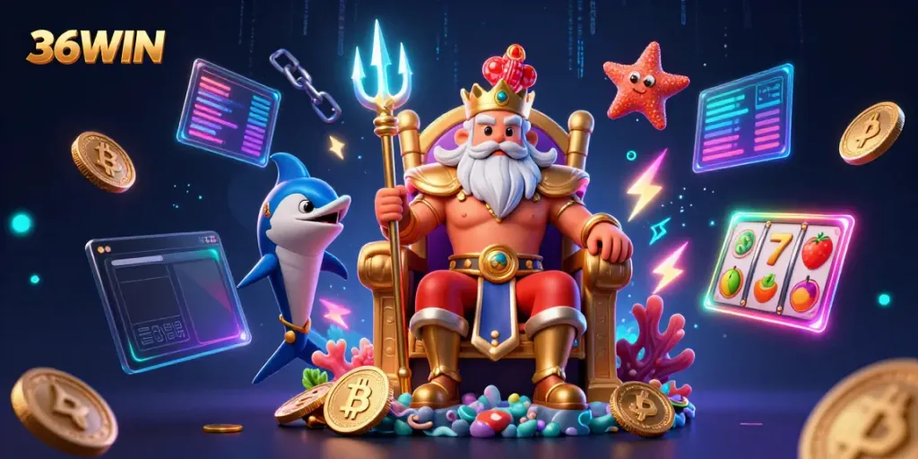 Experience the thrill of 36WIN with Neptune and crypto elements in a vibrant casino scene.