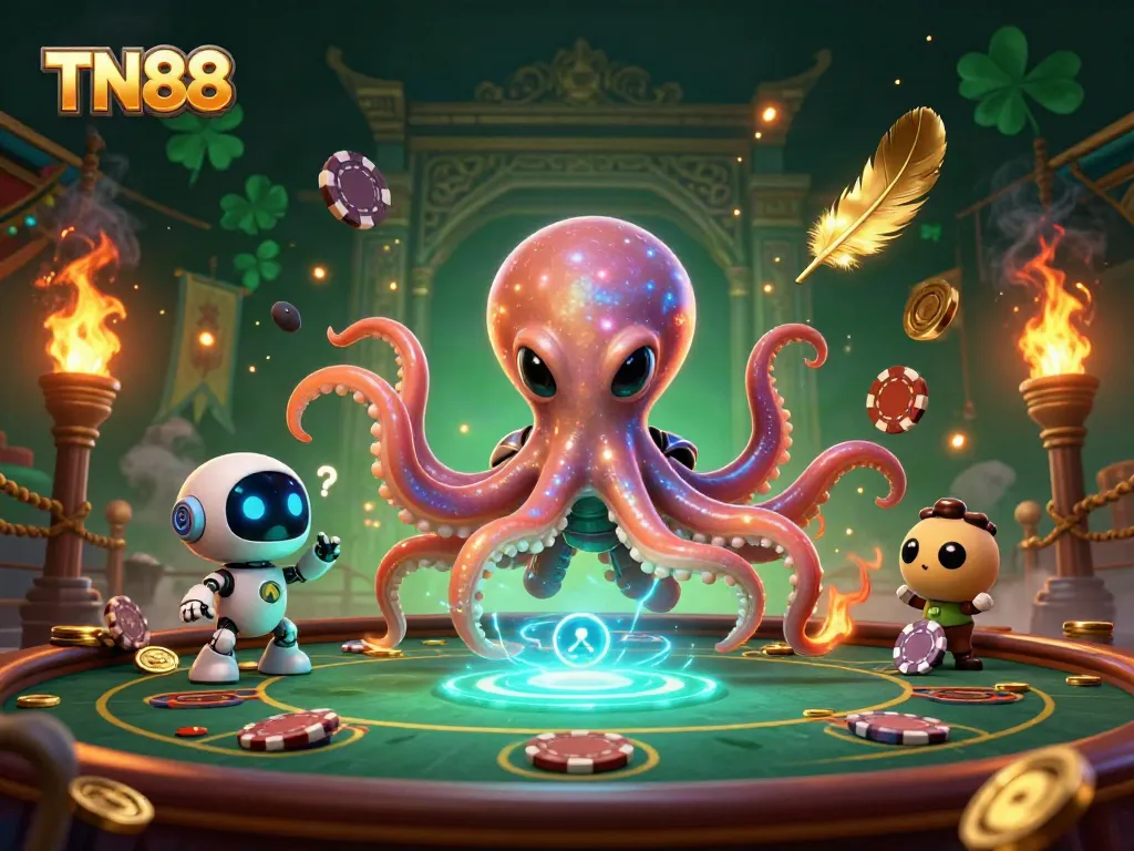 Experience thrilling gaming at TN88, featuring an alien octopus orchestrating a holographic poker table in a cosmic scene.
