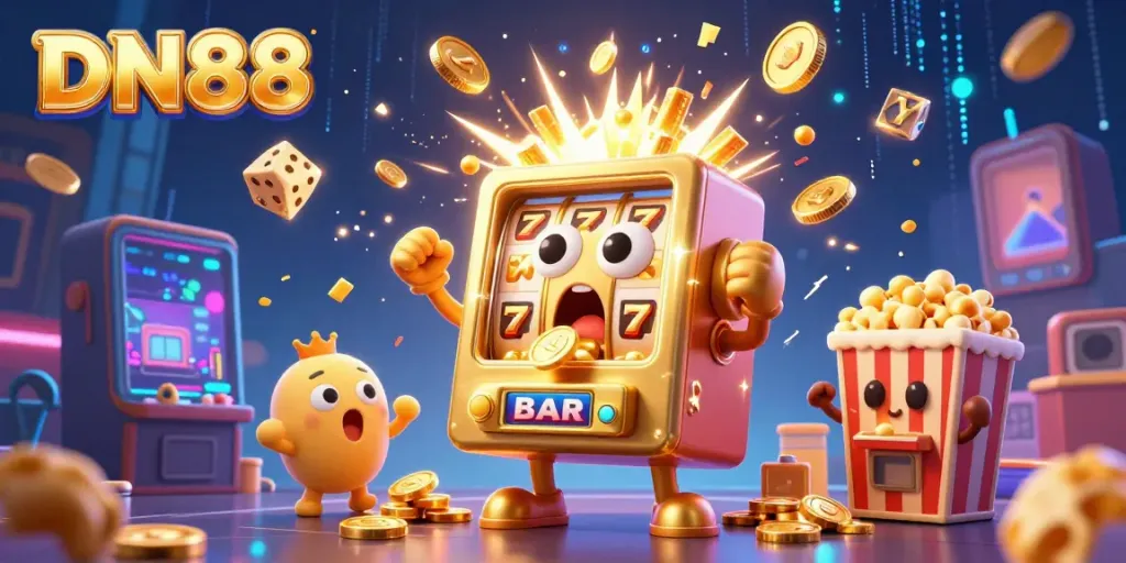 DN88 slot machine hitting jackpot with coins bursting out, surrounded by festive casino elements.