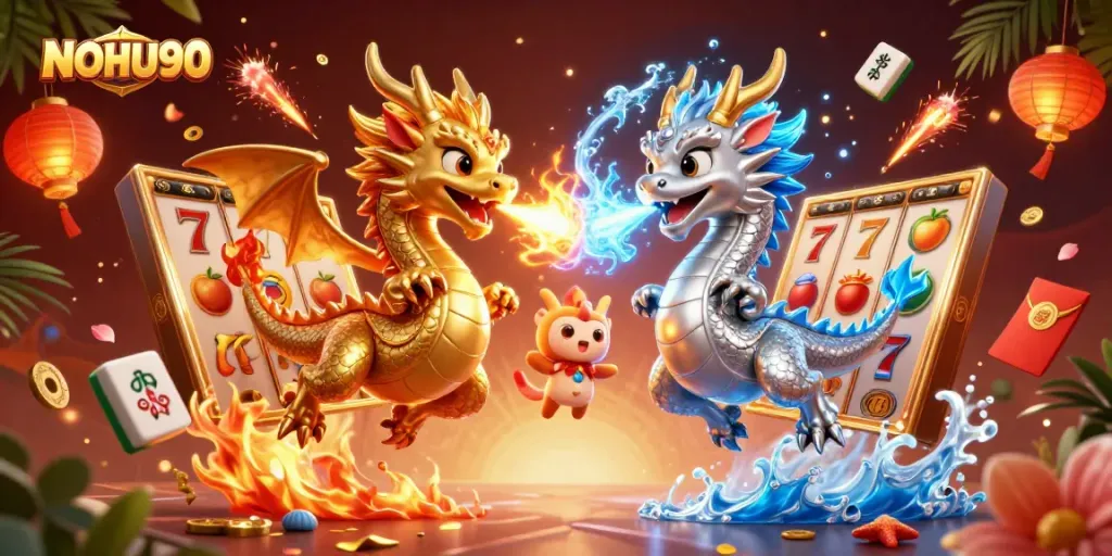 Experience the thrilling excitement of NOHU90 with vibrant slot game elements and dynamic dragons.
