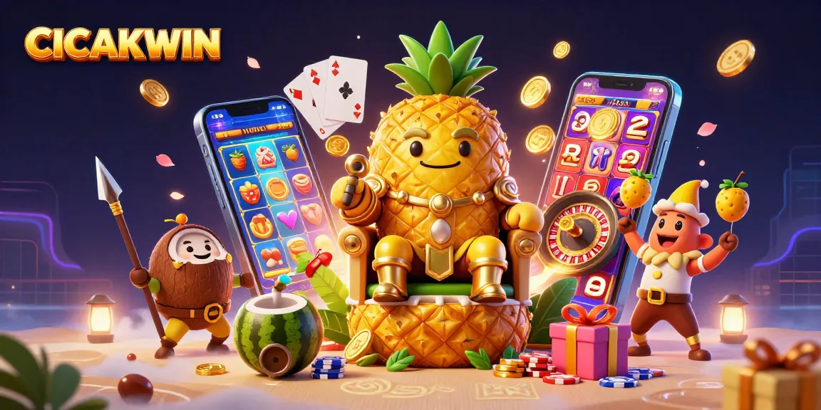 CICAKWIN showcases thrilling slot victories with vibrant characters amid golden coins and exciting game elements.