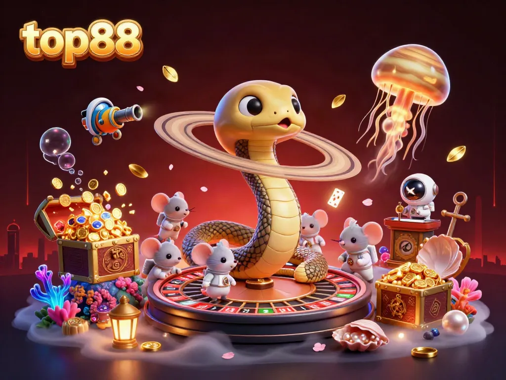 Experience top88's thrilling casino atmosphere with playful astronaut mice and vibrant 3D elements.