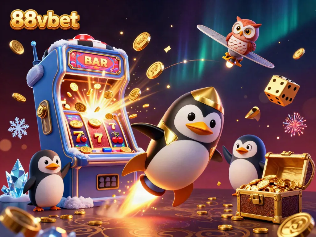 Engage with vibrant 88vbet casino action featuring a golden penguin, slot machines, and aurora effects.