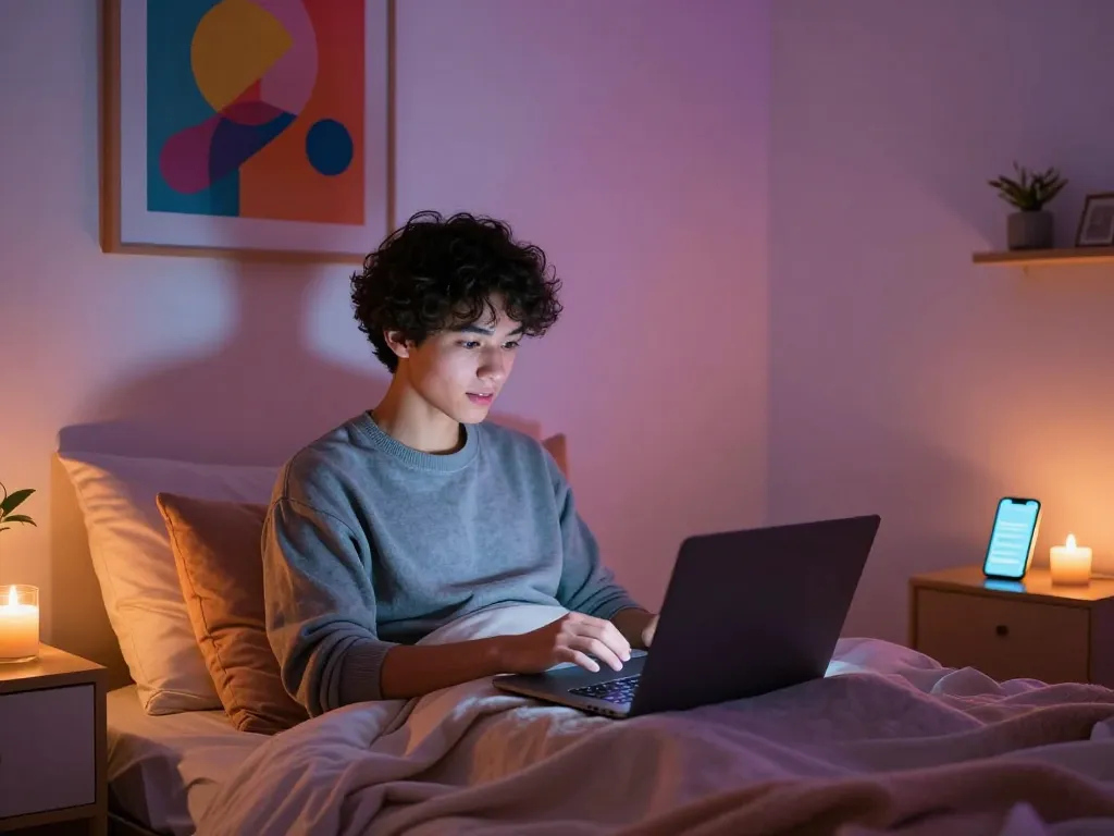Engaging in an ai nsfw chat in a cozy digital space with warm lighting.