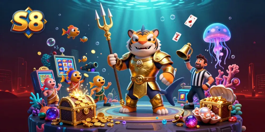 Experience thrilling casino adventures with S8 in a vibrant underwater colosseum featuring a tiger shark and animated scenes.