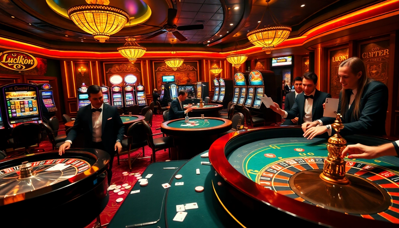 Players enjoying a thrilling night at Luck8 casino with vibrant tables and slot machines.
