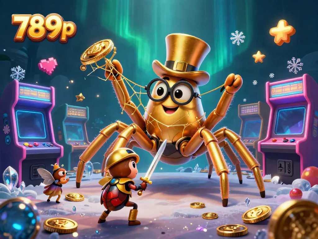 Engage in thrilling gameplay at 789p with a 3D scene of a golden tarantula and beetle knight amid casino games.