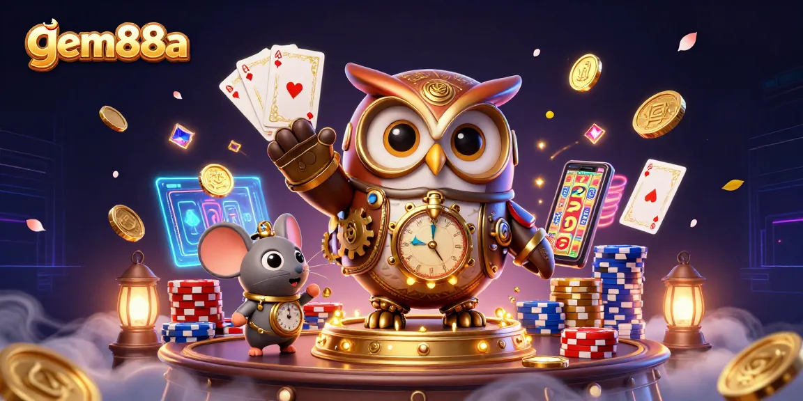 Experience gem88a's vibrant 3D casino adventure with steampunk characters and sparkling treasures.