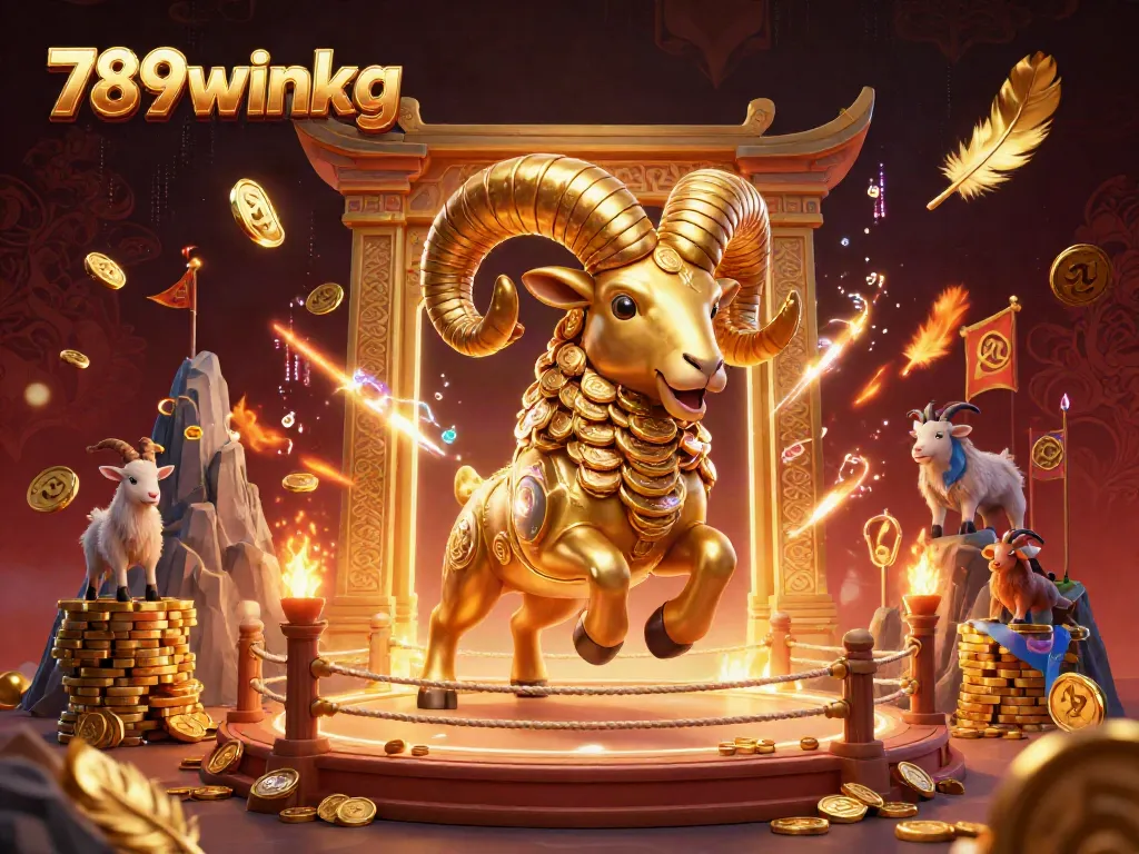 Experience the excitement of gambling at 789winkg with a dynamic 3D illustration of a ram charging through a golden gate.