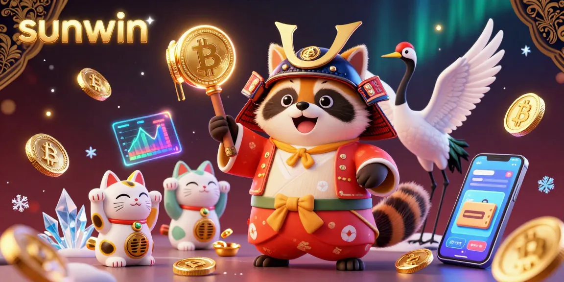Experience sunwin with a cheerful tanuki, golden mallet, and vibrant casino elements.