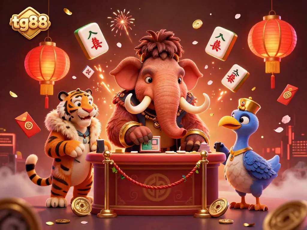 Join the vibrant tg88 casino scene with a woolly mammoth bouncer and a saber-tooth tiger VIP, surrounded by festive decorations.