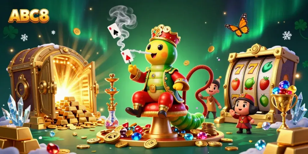 Engage with ABC8's vibrant casino scene featuring a caterpillar master amid spinning slot reels.