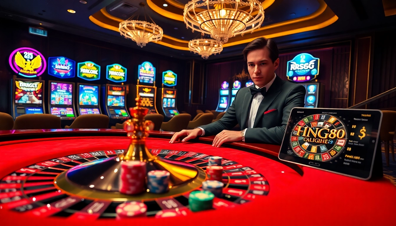 RR88 players strategizing at a luxurious casino table with vibrant slot machines in the background