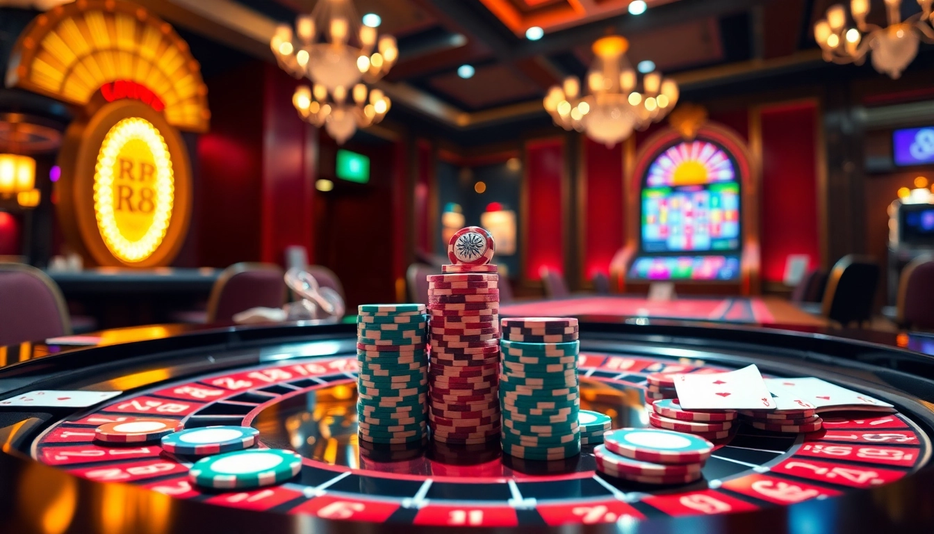 Experience excitement at RR88 with a dynamic casino scene featuring roulette tables and poker chips.