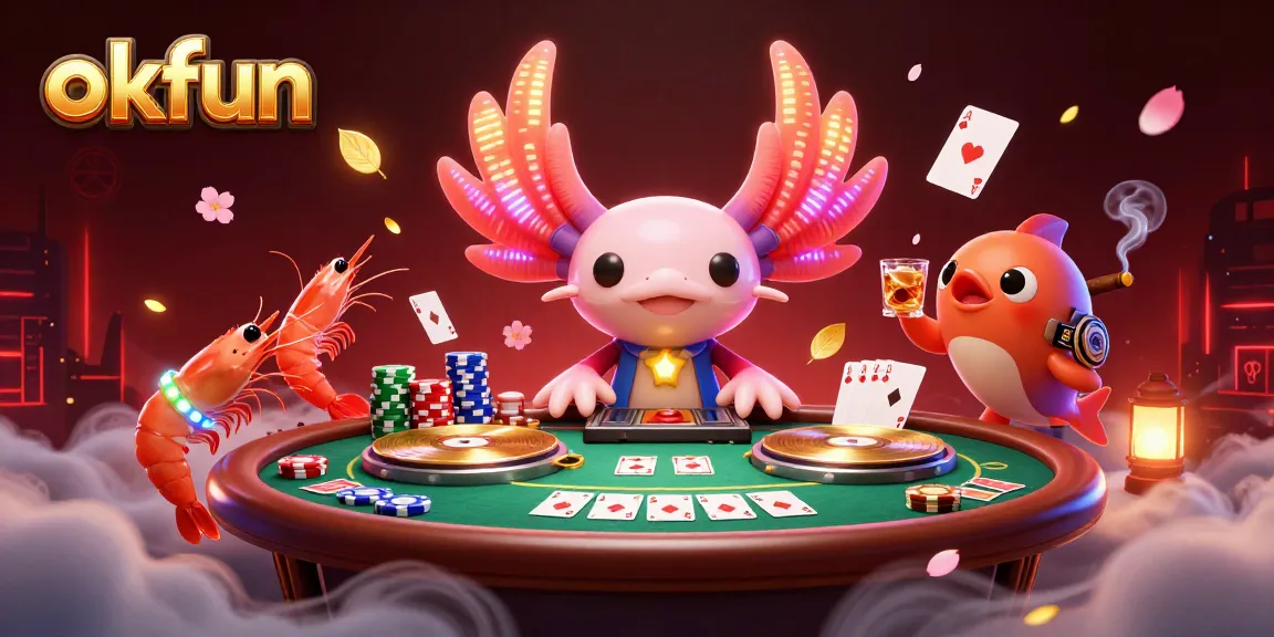 Spin reels at okfun with a neon axolotl DJ and vibrant casino elements in a dynamic 3D scene.