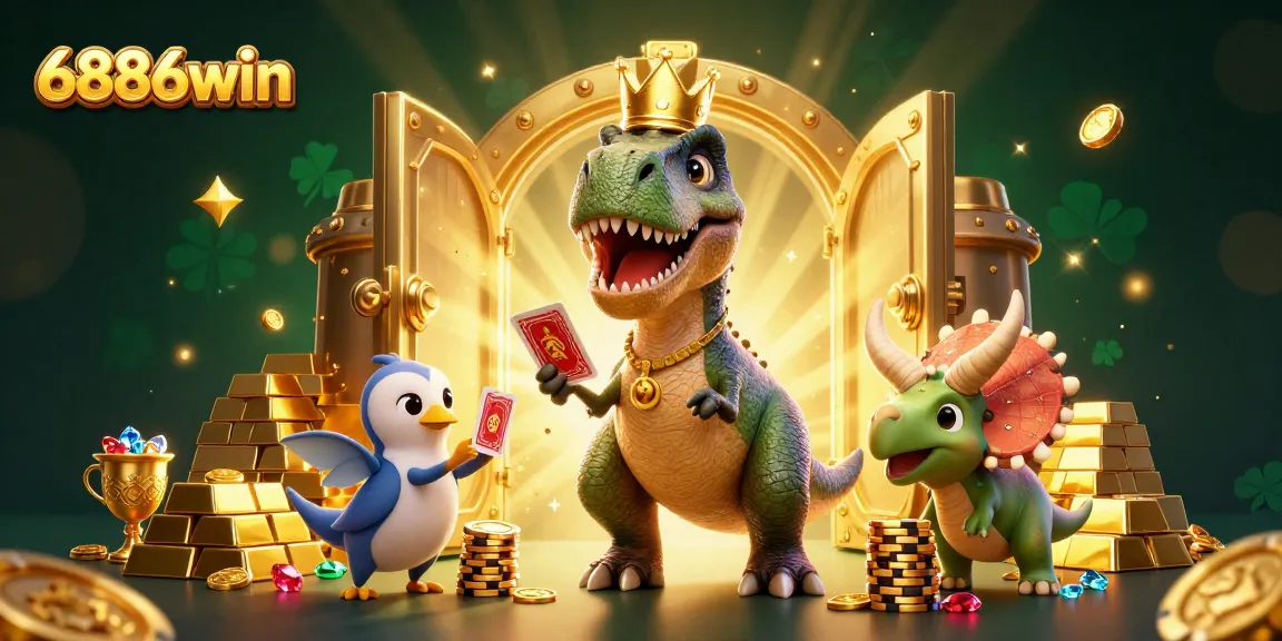 Experience 6886win's exciting casino adventure with vibrant 3D characters and gold coins everywhere.