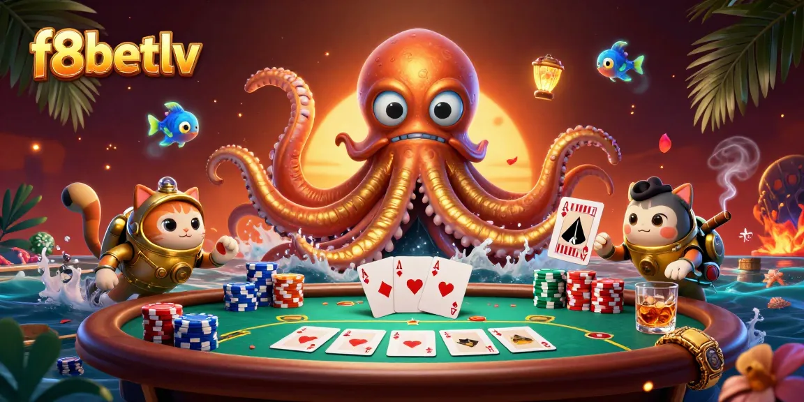 Engage with f8betlv through thrilling poker action with kraken and diving cat in vibrant underwater scene.