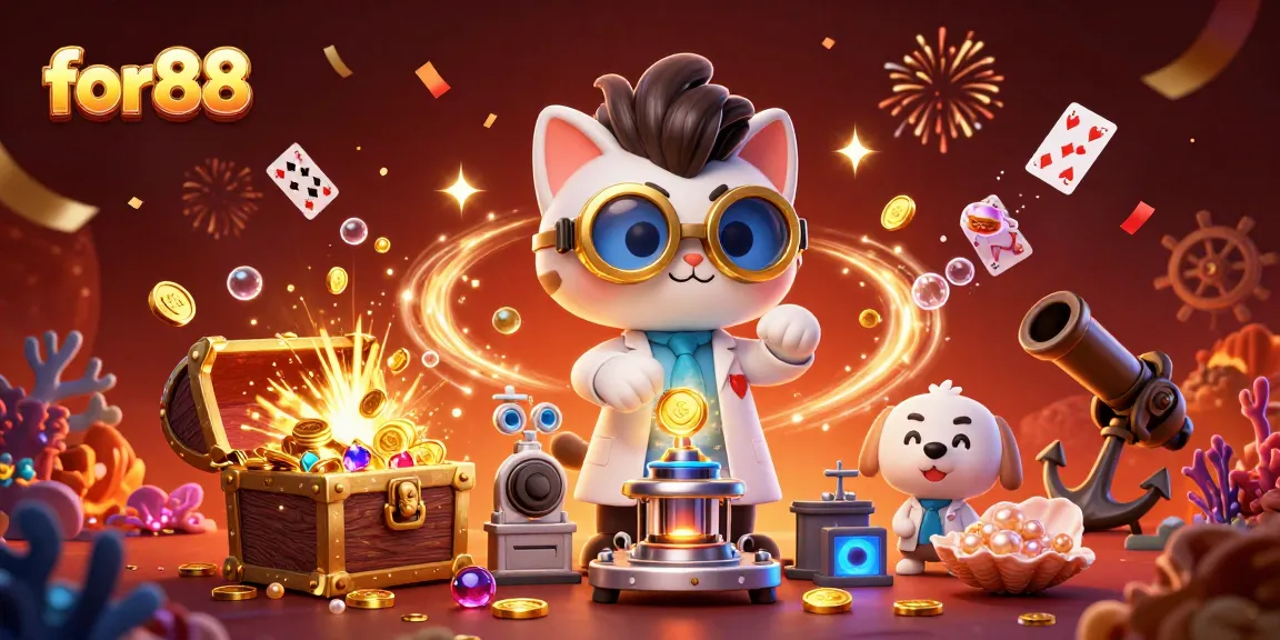 Play slots and win big with for88 in this vibrant 3D casino scene filled with golden treasures!