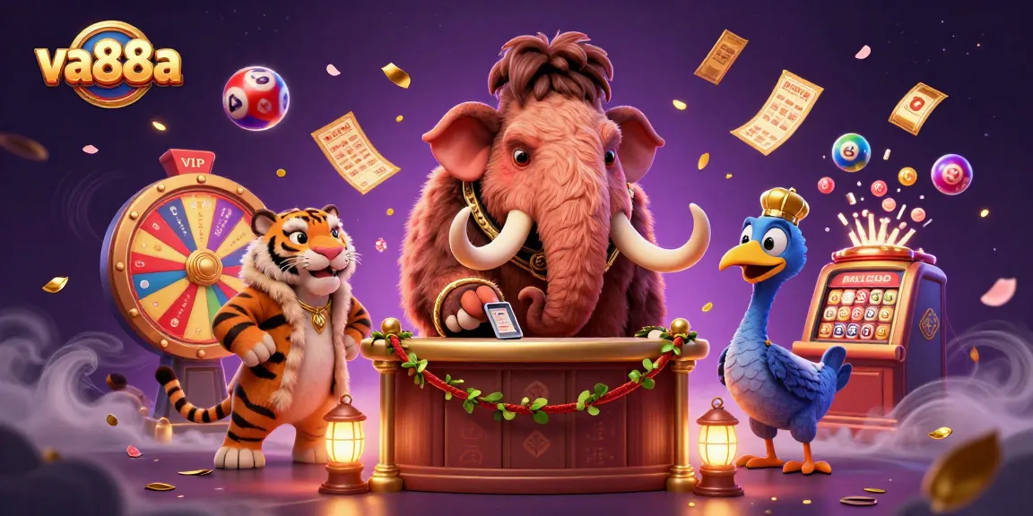 Experience the excitement at va88a with vibrant characters and dynamic casino elements in a 3D digital illustration.