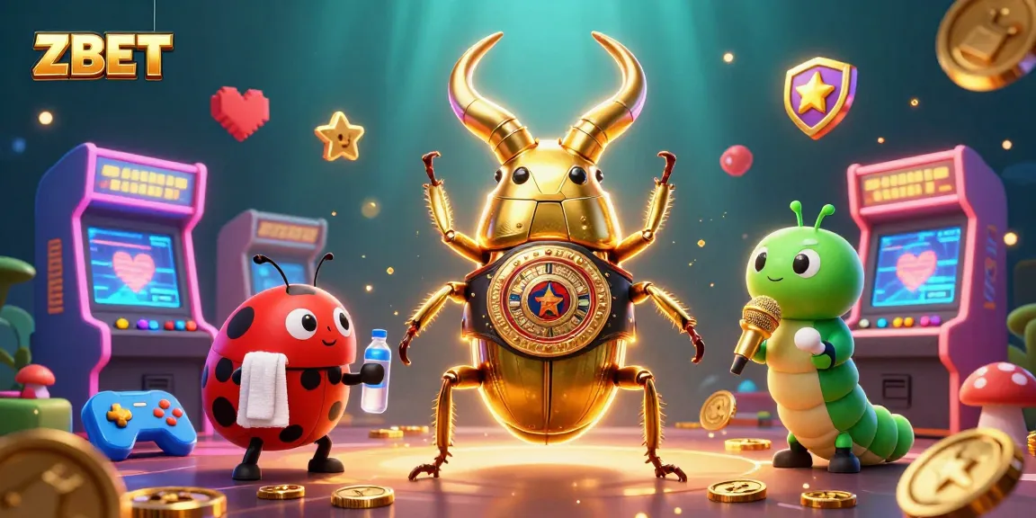 ZBET showcases a dynamic gaming scene with a champion stag beetle and vibrant casino elements.