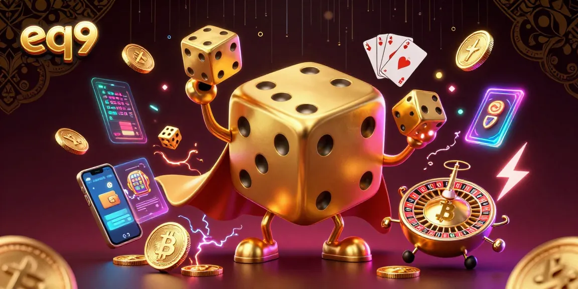 Engage with eq9 at this vibrant casino scene featuring golden dice and crypto elements.