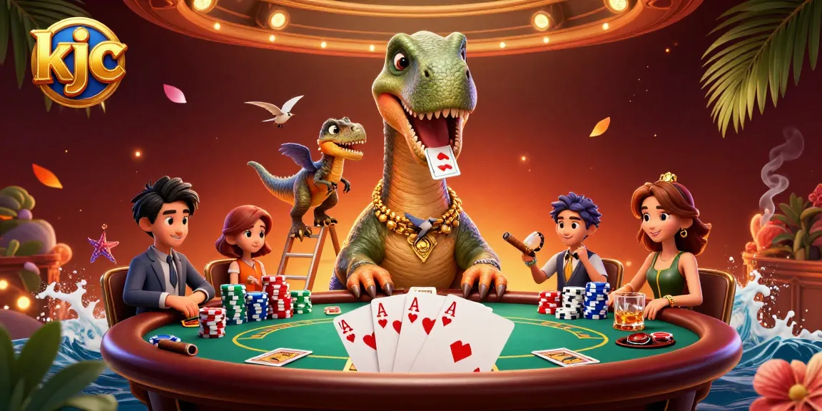 Experience poker excitement at kjc casino with vibrant 3D illustration of a brontosaurus hosting a game.