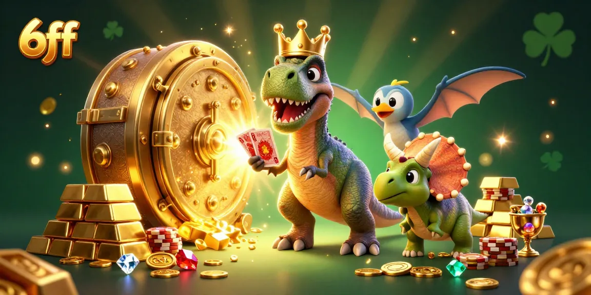 Join the fun at 6ff where the T-Rex and friends stack chips in a vibrant casino scene.