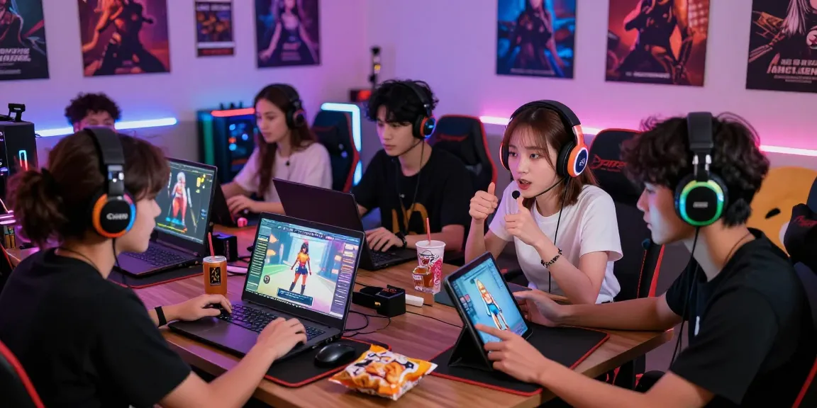 Group of friends enjoying free hentai games on multiple devices in a vibrant gaming setup.