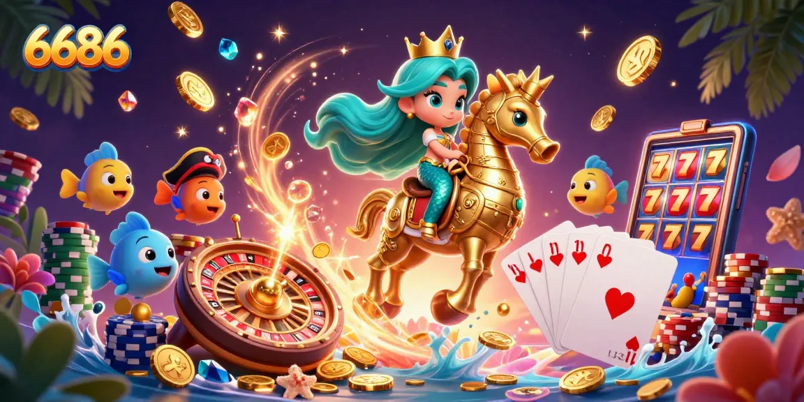 Play slots and win with 6686's vibrant gaming scene featuring mermaid, seahorse, and golden coins.
