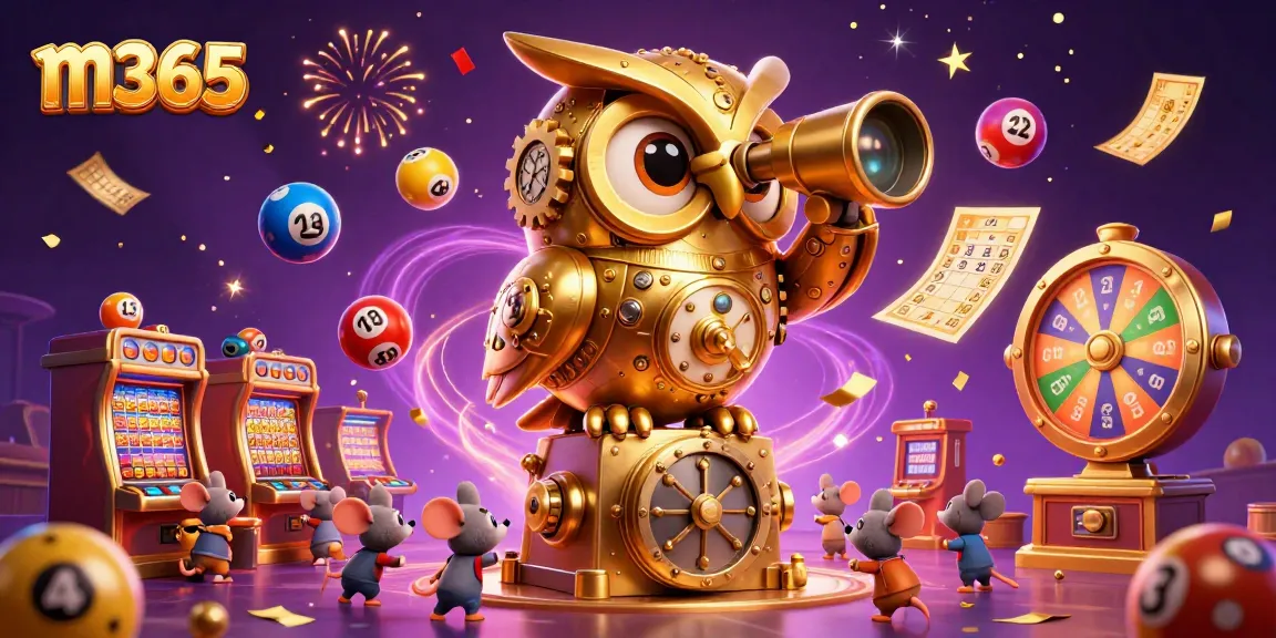 Engage with m365's exciting casino features showcased by a golden owl and charming mice in vibrant play.