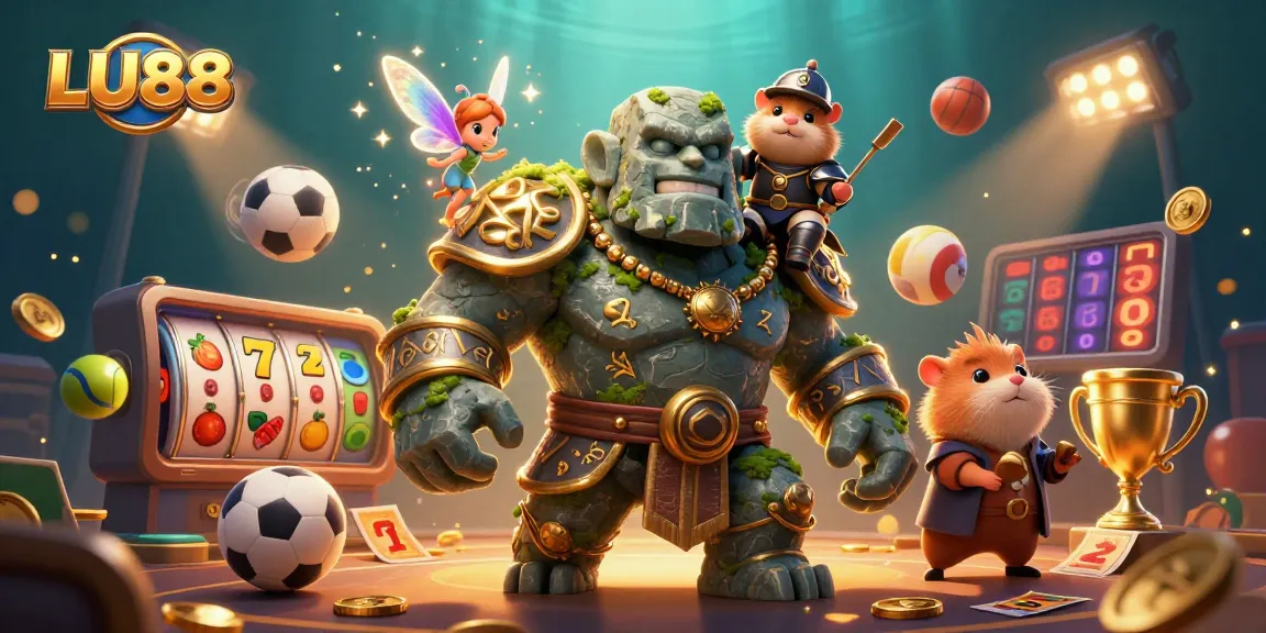 LU88 showcases an enchanting scene with characters amidst vibrant slot game elements and dynamic casino action.